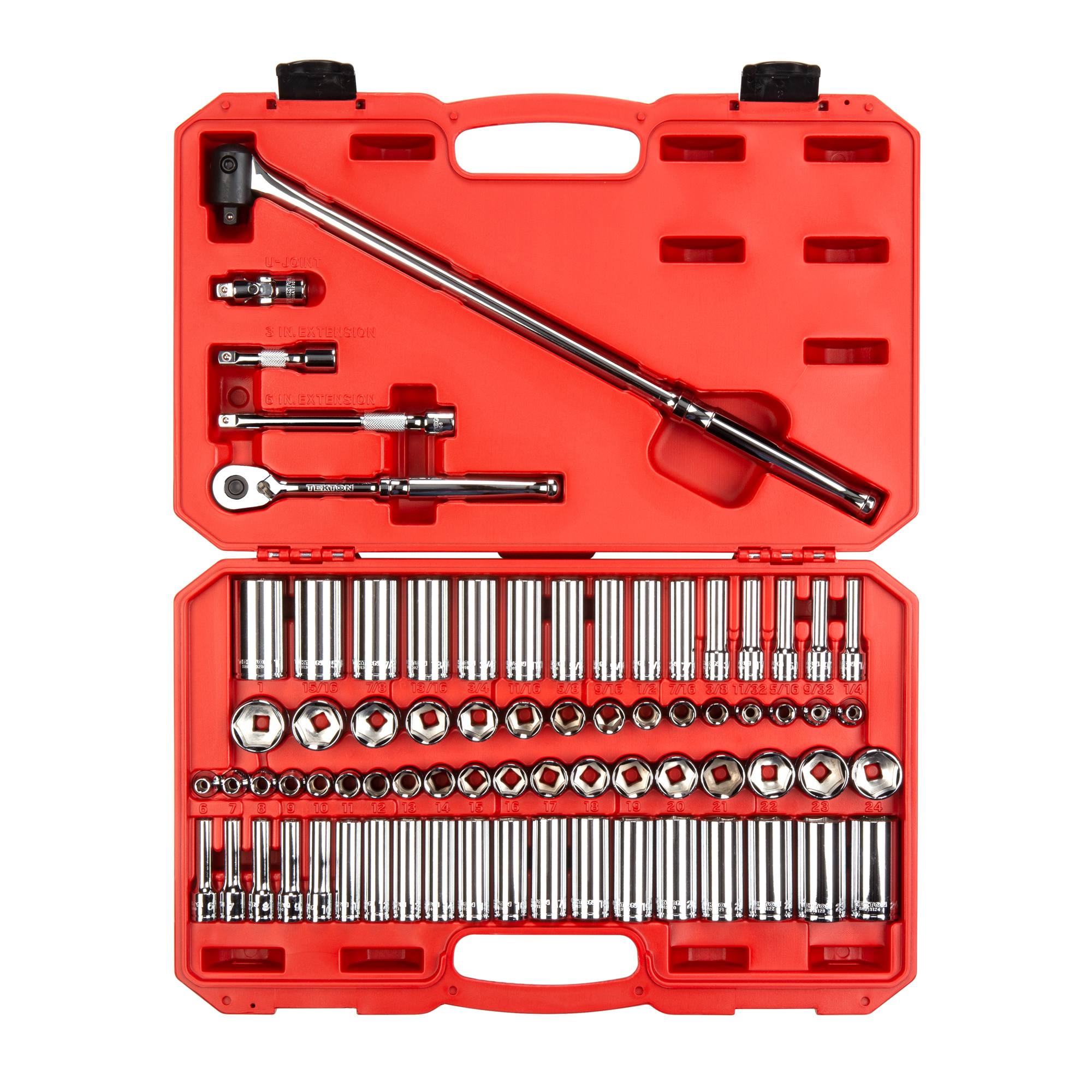 TEKTON 3/8 Inch Drive Shallow and Deep 6-Point Socket and Ratchet Set with Case, 73-Piece (1/4-1 in., 6-24 mm) | SKT15311